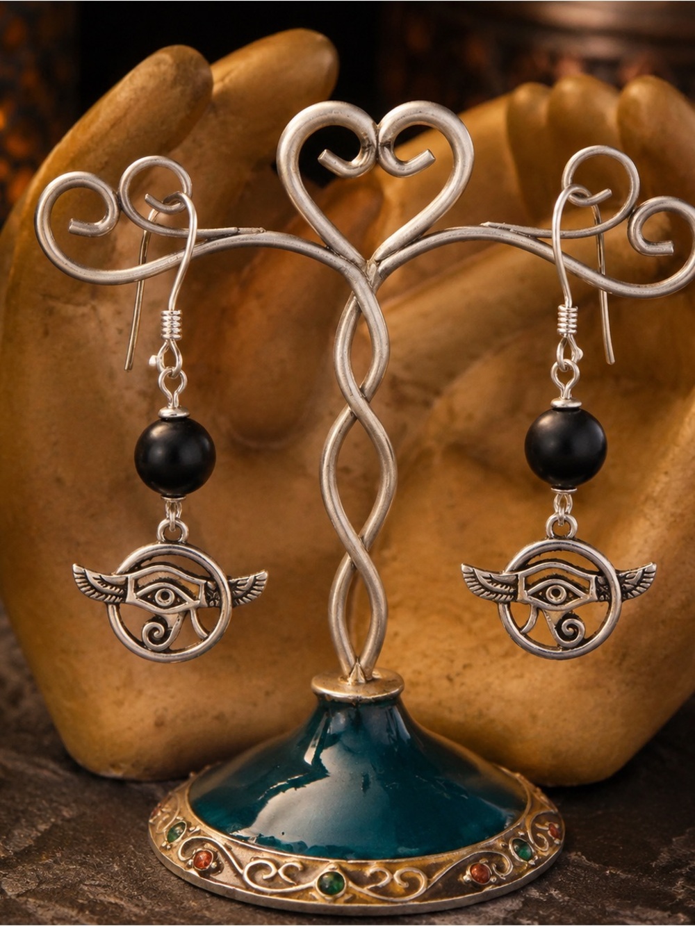 Handcrafted Black Shungite Bead Eye of Horus Dangle Earrings - Silver Tone